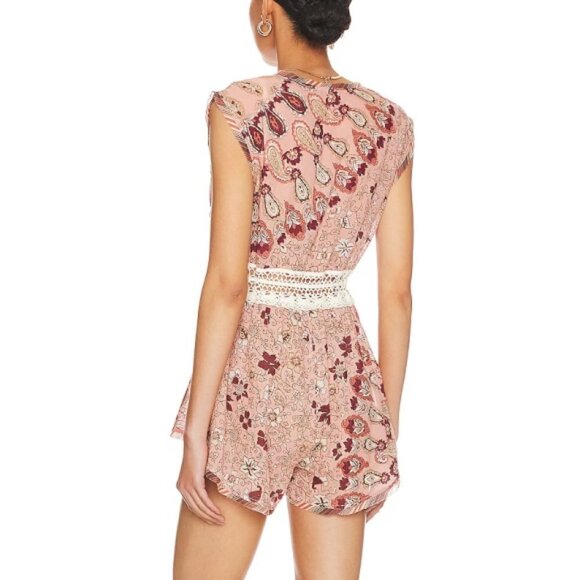 Free People "Watching Waves" Printed Cotton Crochet-Trim Romper, Mauve Combo - Picture 3 of 3